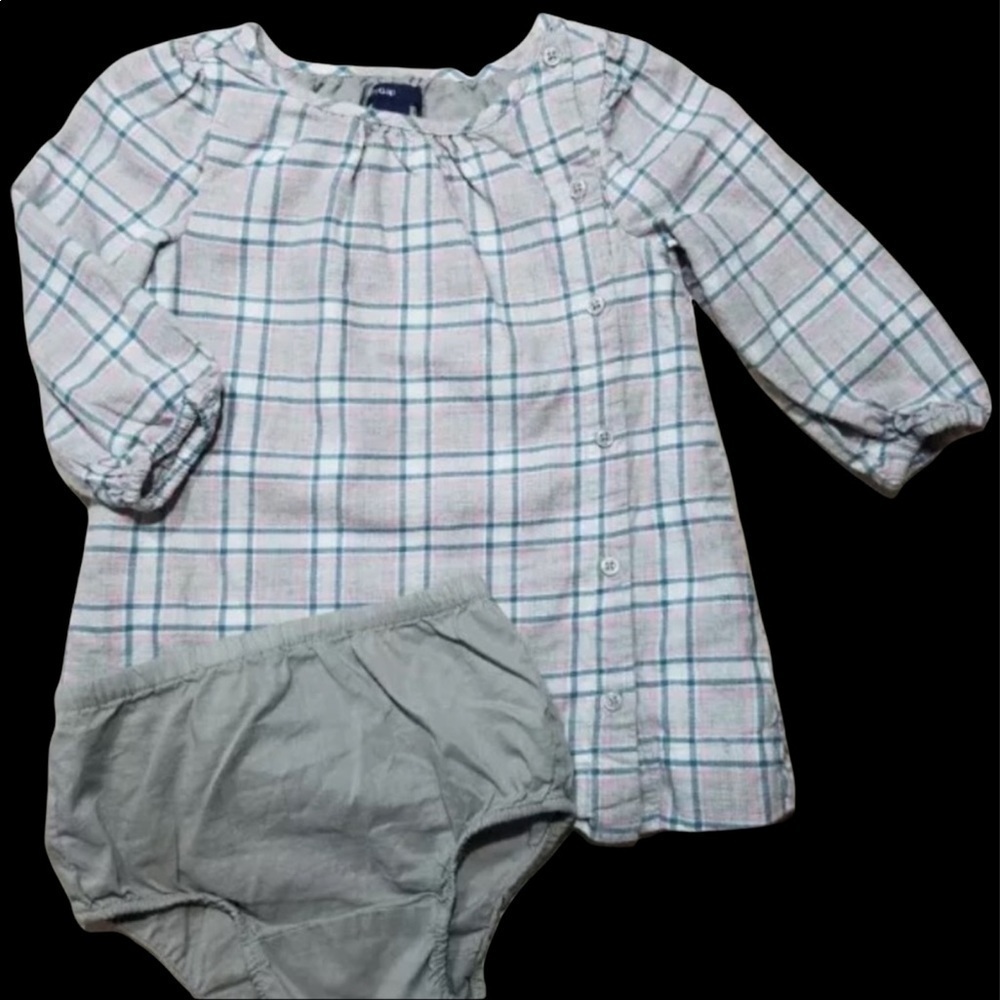 𝅺BABY Gap Snowy Fields Gray Pink Plaid Dress 6-12‎ m